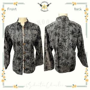 Women's Galena Grey Denim Jacket Embroidered Appliqué Button Front Medium